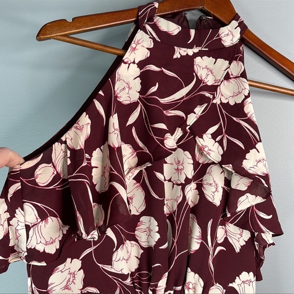 LC Lauren Conrad Runway Floral Print Halter Neck Dress Burgundy Ruffled Flowy 6 - Picture 3 of 7